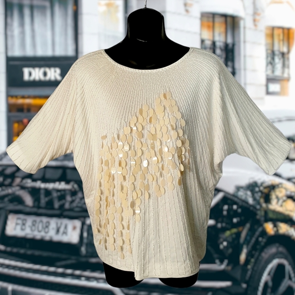 New RACHEL ZOE Beaded Ivory White Luxury Batwing Scoop Neck Blouse